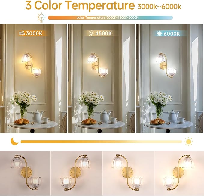 Battery Operated Wall Sconce, 2-Lights Vinatge Brass Wall Lighting Up and Down with Clear Tulip Shade for Living Room, Bedroom, Symmetrical 2 Pack