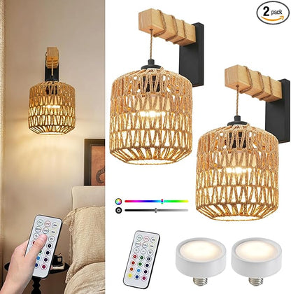 Battery Operated Wall Sconce Set of Two, Rattan Wall Sconces with Remote RGB 15 Colors Dimmable, Farmhouse Boho Wall Lights for Bedroom Living Room Entryway