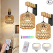 Battery Operated Wall Sconce Set of Two, Rattan Wall Sconces with Remote RGB 15 Colors Dimmable, Farmhouse Boho Wall Lights for Bedroom Living Room Entryway