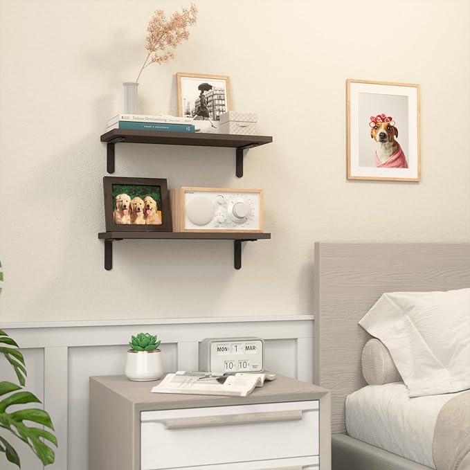 RICHER HOUSE Floating Shelves for Décor, Rustic Wood Wall Shelves for Bedroom Set of 2, Farmhouse Shelf for Bathroom, Hanging Shelves for Storage, Wall Mounted - Deep Brown