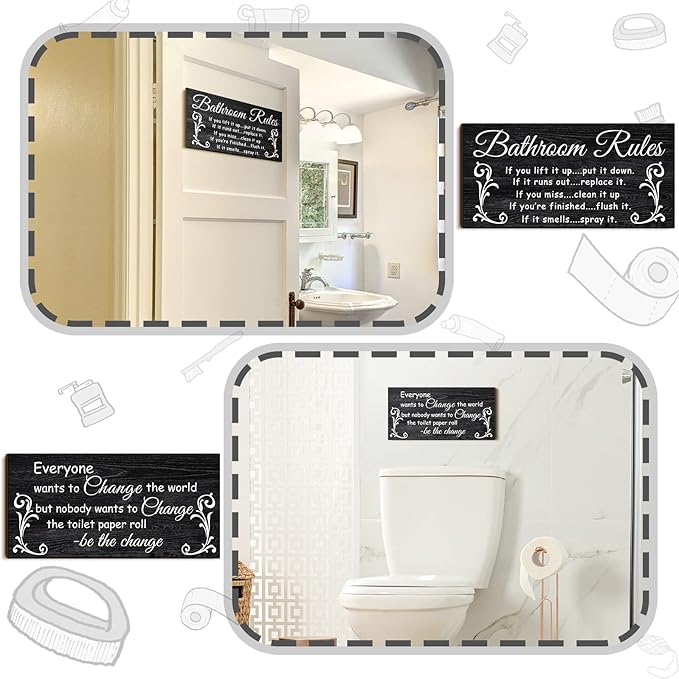 Jetec 2 Pieces Funny Bathroom Signs Bathroom Wall Decor Toilet Wall Accessories Farmhouse Toilet Rustic Wooden Signs, 12x6 Inch(Dark Style)