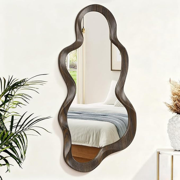 Asymmetrical Mirror Modern Wood Frame Unique Artistic Large Irregular Wall Mirrors Cute and Stylish Cloud Wavy Mirror Decorative for Cloakroom Bedroom Living Room Bathroom Entryway 30"x14"