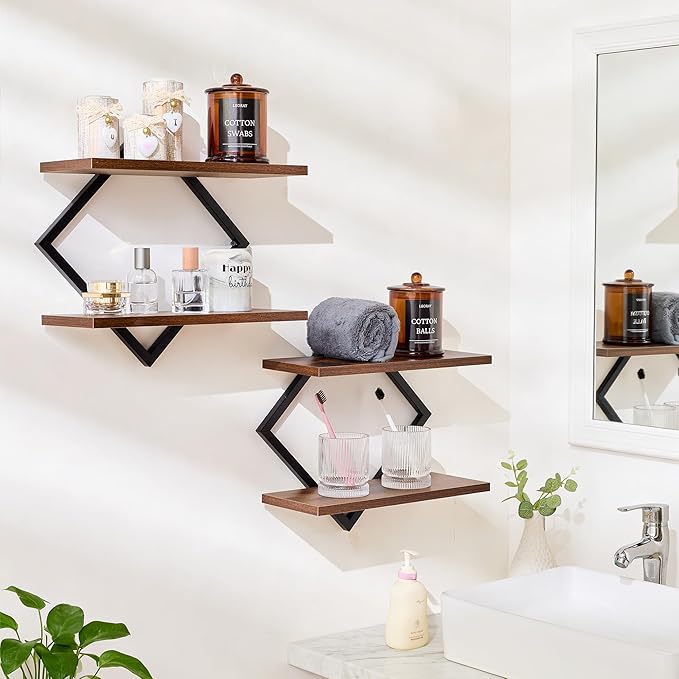 Set of 2 Floating Shelves Farmhouse Wall Shelves 2-Tier Decorative Hanging Shelves Wall Mounted Bathroom Shelves Wooden Wall Decor Shelf (Brown)