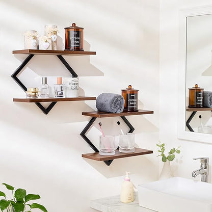 Set of 2 Floating Shelves Farmhouse Wall Shelves 2-Tier Decorative Hanging Shelves Wall Mounted Bathroom Shelves Wooden Wall Decor Shelf (Brown)