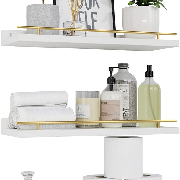 WOPITUES Floating Shelves with Gold Metal Guardrail, Shelves for Wall Decor Set of 3, Wall Shelves for Bedroom, Bathroom, Kitchen, Living Room, Plants, Picture Frames, Art- White and Gold