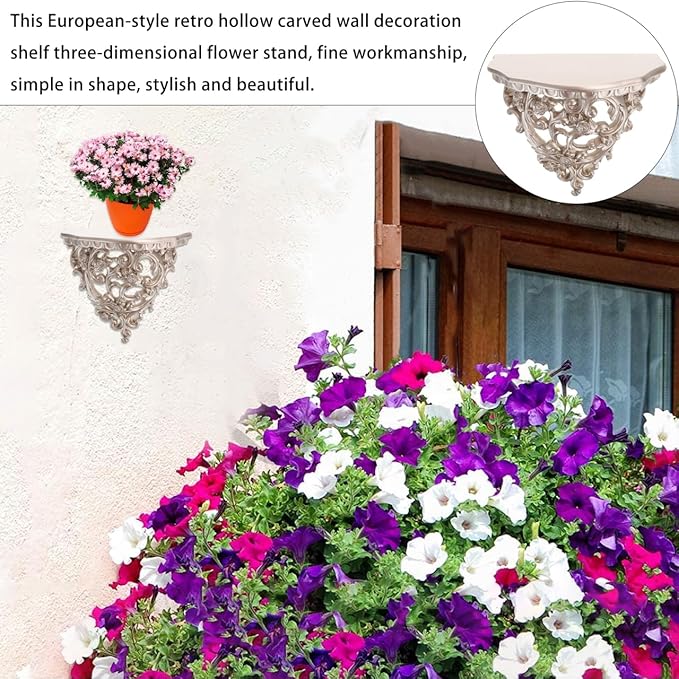 European-Style Resin Floating Wall Shelf, Vintage Hollow Carving Wall Decor, Gold Mounted Flower Shelf for Living Room, Kitchen, Bathroom, 8.07X7.48X4.05 Inch