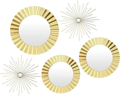 5 Pack Gold Metal Mirrors for Wall Gold Starburst Sunburst Wall Decor Set Metal Round Mirrors Decor Hanging Art Circle for Living Room Bathroom Bedroom Modern Decorative Gifts