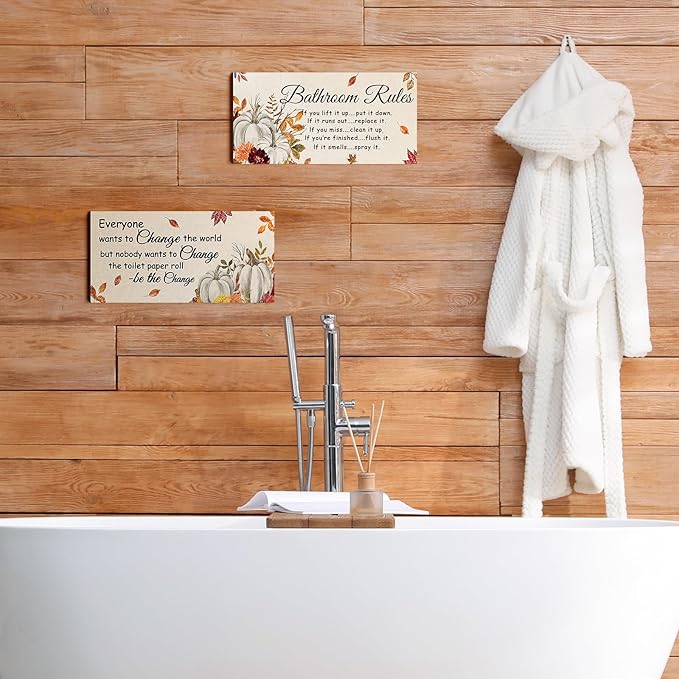 Jetec 2 Pieces Funny Bathroom Signs Bathroom Wall Decor Toilet Wall Accessories Farmhouse Toilet Rustic Wooden Signs, 12x6 Inch(Fall Style)