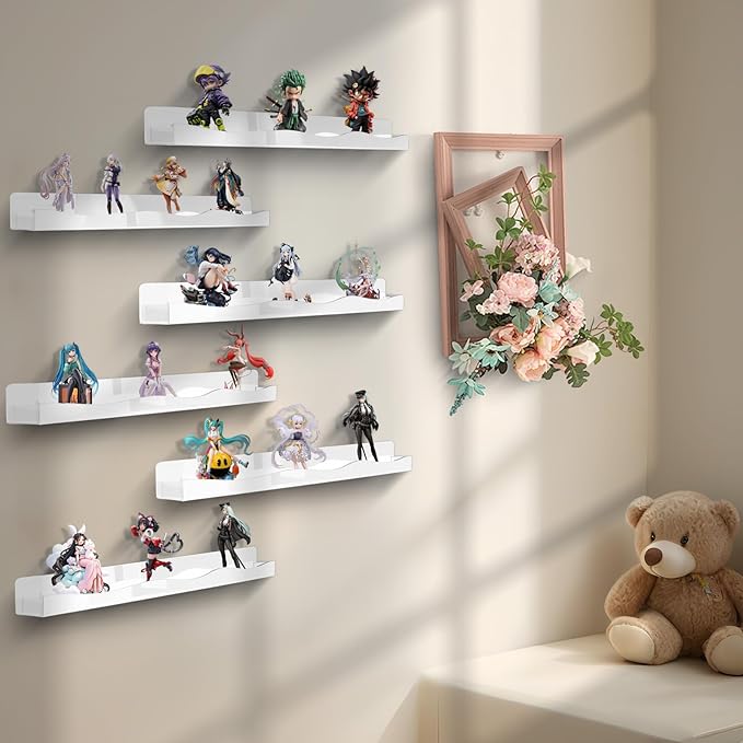 6 Pack Nail Polish Wall Rack 15 Inch 6 Pack Acrylic Floating Shelves Kids Bookshelf Tattoo Ink Essential Oils Figurine Display Shelf Spice Rack for Salons Retailers Home (White)