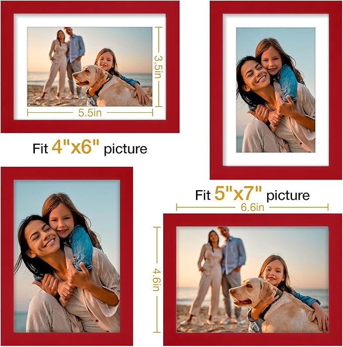 Vittanly 5x7 Picture Frame Set of 4, Display Pictures 4x6 with Mat or 5x7 without Mat, Small Photo Frames for Wall or Tabletop Display, Engineered Wood with Shatter Resistant Plexiglass, Red