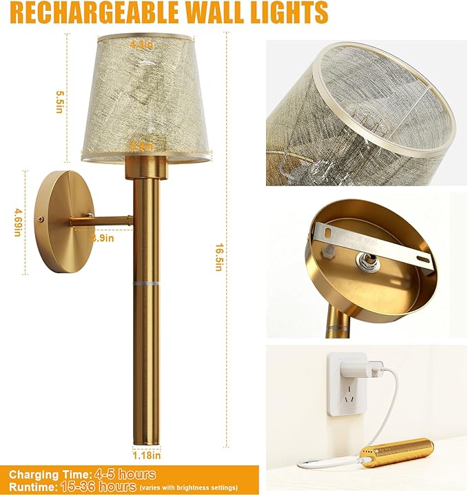 Magnetic & Detachable Wireless Wall Sconces (Gold) - 5200mAh Rechargeable Battery Bar for Staircase, Bedroom, Lounge