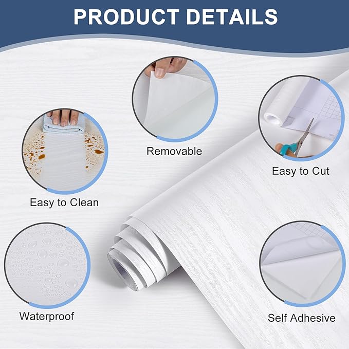 Abyssaly White Wood Contact Paper 35.6" X 118" Decorative Self-Adhesive Film for Furniture Real Wood Tactile Easy to Clean Perfectly Covers The Surface Without Passing Through The Primary Colors