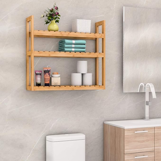 Domax Bamboo Bathroom Shelf 3-Tier Wall Mount Storage Rack Multifunctional Adjustable Layer Free Standing Over Toilet Utility Shelves Living Room Kitchen (Bamboo)
