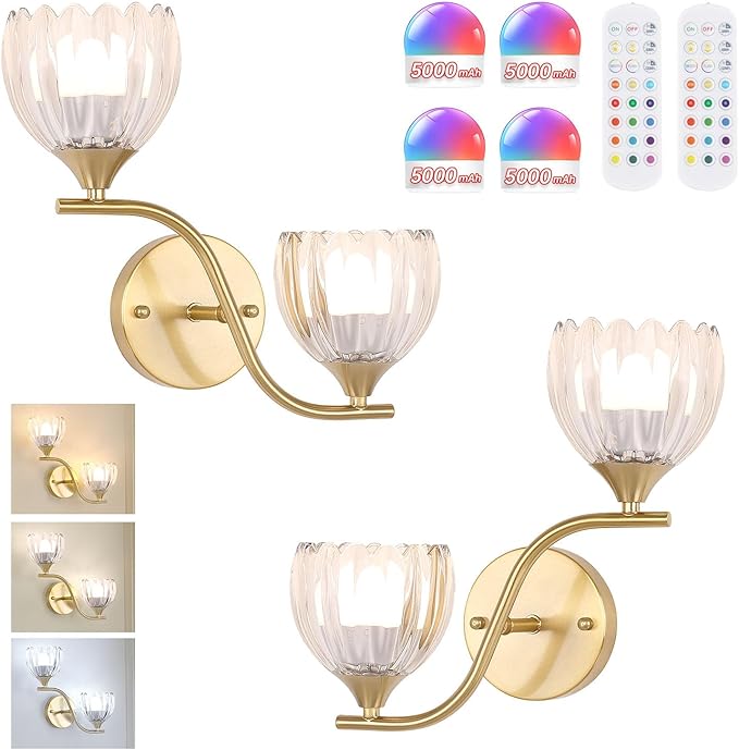 Battery Operated Wall Sconce, 2-Lights Vinatge Brass Wall Lighting with Clear Tluip Shade Rechargeable Bulb with Remote for Living Room, Bedroom，Symmetrical 2 Pack