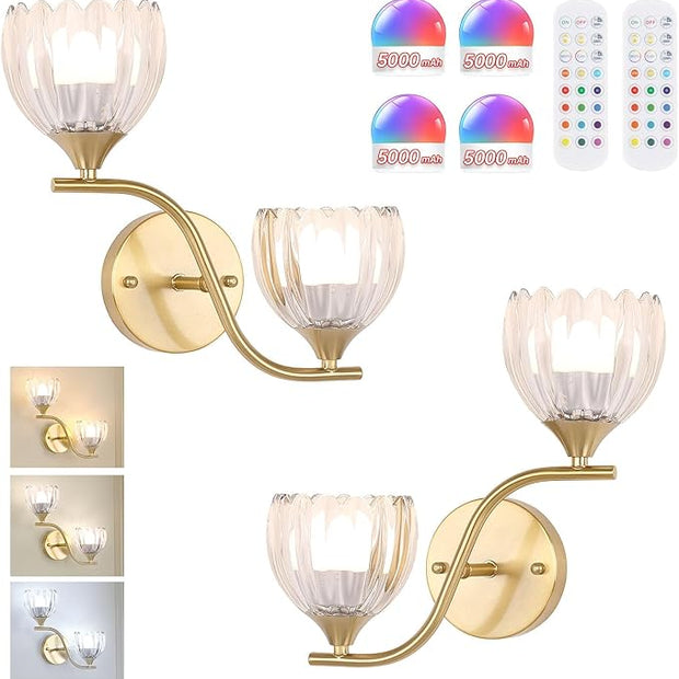 Battery Operated Wall Sconce, 2-Lights Vinatge Brass Wall Lighting with Clear Tluip Shade Rechargeable Bulb with Remote for Living Room, Bedroom，Symmetrical 2 Pack