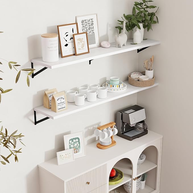Axeman Floating Shelves for Wall White - 55 Inch Wide x 12 Inch Deep Wall Shelves Set of 2 - White Deep Wood Floating Shelves for Living Room Bedroom Laundry Room