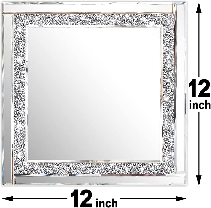 Meetart Crystal Crush Diamond Silver Mirror 12'' x 12'' 2PCS,Frameless Stylish Gorgeous Diamond Decor Glam Glass Mirror. for Bedroom Bathroom Hanging Mirror Home for Wall Decor.