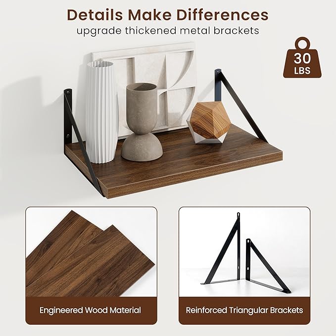 Axeman Deep Floating Shelves | 16 Inch Walnut Wall Shelves Set of 2 | 10 Inch Deep Wood Floating Shelves for Wall | 16