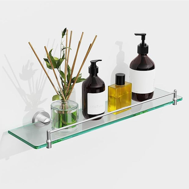 20 Inches Glass Shelves for Bathroom, Brushed Nickel Floating Glass Shelf Stainless Steel Tempered Glass Bathroom Shelves for Wall Mount Modern