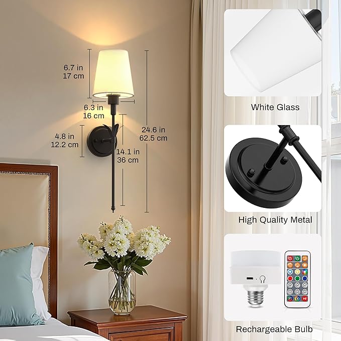 DORESshop Battery Operated Wall Sconce Set of 2, Wireless Wall Light Easy to Install, 7 Color Rechargeable Wall Sconces, Sconce Wall Decor Set of 2 for Bedroom, Living Room, Matte Balck, 24.3in