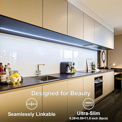 Under Cabinet Lights, Plug in, Seamlessly Linkable 12 Inch, 6 Bars+Switch+Extensions, Under Counter Lighting for Kitchen, Closet, Gun Safe, Shelf, Display Case, LED 5000k Daylight