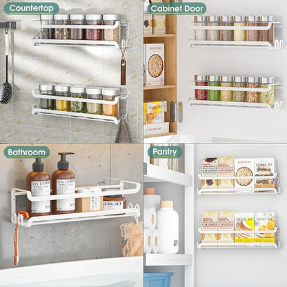 LUCYCAZ 4 Pack Wall Mounted Spice Rack with 16 Hooks, Spice Organizer Shelf for Stove Cabinet Pantry Door,Screw or Adhesive Spice Shelf Hanging Wall Spice Rack in Kitchen and RV (White, 4 PACK)