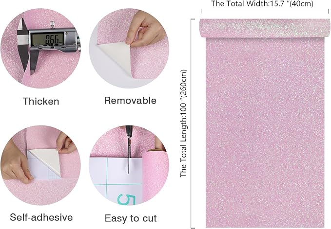 CHIHUT 15.7''x100'' Pastel Pink Holographic Glitter Peel and Stick Wallpaper Decorative Self Adhesive Removable Sparkly Contact Paper for Cabinets Walls Renter Friendly Textured Wallpaper Fabric Roll