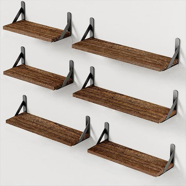 AMADA HOMEFURNISHING Wall Shelves Set of 6, Rustic Farmhouse Floating Shelves for Bedroom, Bathroom & Living Room, Brown