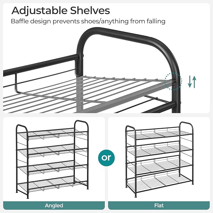 SONGMICS Stackable Shoe Rack, 4 Tier Metal Shoes Rack Storage Shelf, Holds up to 16 Pairs Shoes, Adjustable Slanted Shelves Shoe Tower Organizer for Closet Entryway Small Spaces, Black