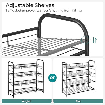 SONGMICS Stackable Shoe Rack, 4 Tier Metal Shoes Rack Storage Shelf, Holds up to 16 Pairs Shoes, Adjustable Slanted Shelves Shoe Tower Organizer for Closet Entryway Small Spaces, Black