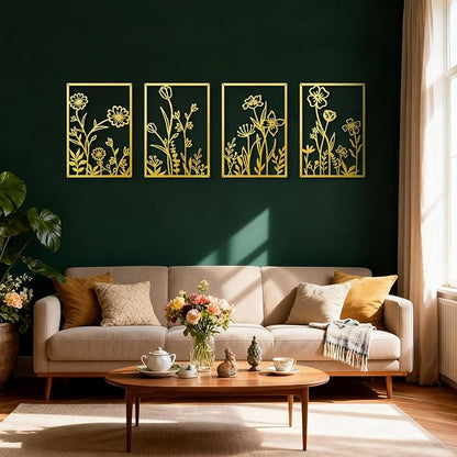 Sokurdeg Gold Metal Flowers Wall Decor, Minimalist Floral Metal Wall Hanging Art for Bedroom Bathroom Living Room (4 Pcs, 12 x 17 in)
