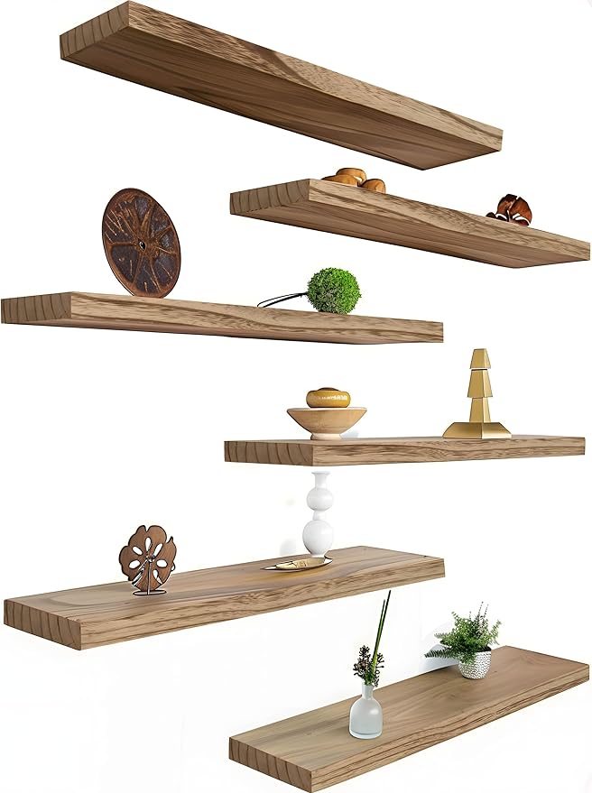Wood Floating Shelves for Wall Decor, Rustic Wall Shelves for Bedroom Bathroom Kitchen Living Room, Set of 6 Light Walnut
