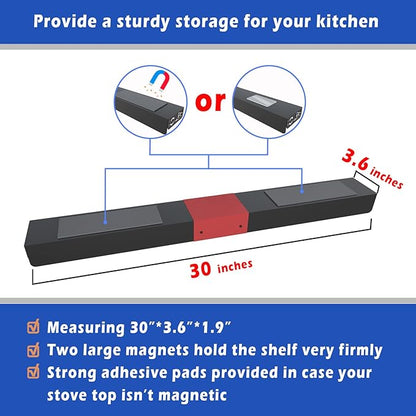 30" Magnetic Stove Top Shelf – Black Spice Rack with Red HOME Design – Seasoning Organizer for Back of Stove – Over Stove and Kitchen Storage Shelf