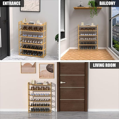 6-Tier Free Standing Shoe Racks, Bamboo Wood Shoe Rack for Entryway & Closet, Holds up to 24 Pairs of Shoes