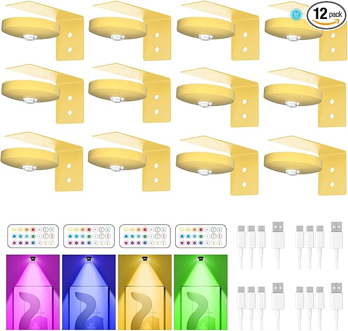 Rechargeable Picture Lights for Wall,Under Cabinet Lighting,1500mAh Rechargeable Battery Operated Picture Frame Lights for Kitchen, Closet, Shelf - 3 Color Temps & 13 RGB (12 Packs Glod)