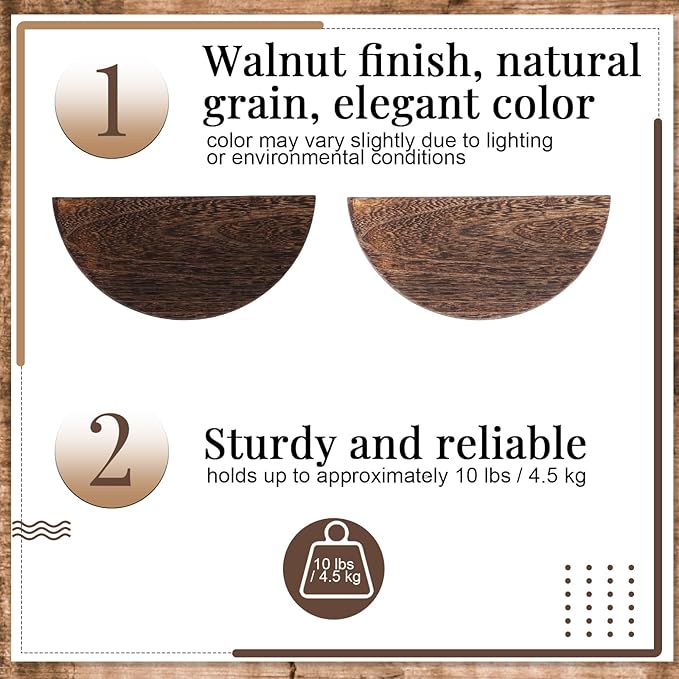 4 Pcs Solid Wood Half Round Floating Wall Shelves, Elegant Floating Wooden Shelves, 8.27 Inch Wall Shelf for Living Room, Bathroom, Bedroom, Offices, Pictures Plant Book (Dark Brown)
