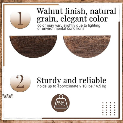 4 Pcs Solid Wood Half Round Floating Wall Shelves, Elegant Floating Wooden Shelves, 8.27 Inch Wall Shelf for Living Room, Bathroom, Bedroom, Offices, Pictures Plant Book (Dark Brown)