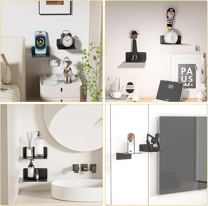 Small Floating Shelves for Wall, 5 Inch Metal Wall Shelves - Adhesive Installation, Display Ledges Set of 2, Perfect for Echo, Cameras, Mini Decor, Funkos, Figurines (Black)