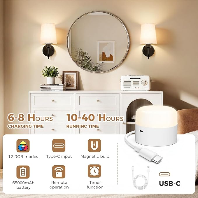 Battery Operated Wall Sconce Set of 2, Rechargeable Wall Sconces with 10000mAh Dimming Magnetic Bulb, Wireless Battery Powered Wall Lights with Pleated for Bedroom Living Room Gallery Hallway,Black