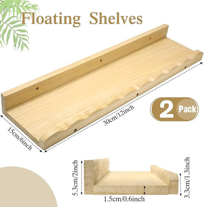 Suzile 2 Pcs Scalloped Shelves Wall Floating Shelves Set for Room, Bathroom, Bedroom, Cute Room Decor Aesthetic and Books, Toys, Photo Frames Storage(12",Natural)