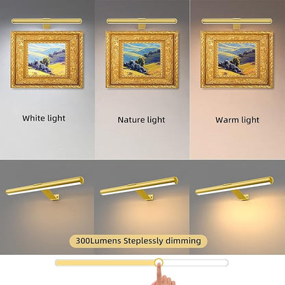 Battery Picture Lights 16 inch-2PACK , Wireless Rechargeable Painting Light for Art with Remote, Full Metal Led Picture Lights Dimmable Wall Light for Portraits, Dartboard, Gallery-Gold with Patent