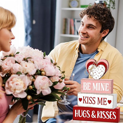 Marsui 4 Pcs Valentine's Day Decorations for Home Heart Table Decor Rustic Distressed Wooden Signs Valentines Centerpieces Blocks Farmhouse Valentines Tiered Tray Decor for Desk Shelf Mantel Indoor