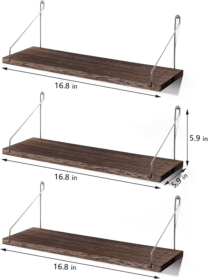 MITIME Floating Shelves Set of 3 Rustic Solid Wood Floating Shelf Wall Storage Shelves for Living Room, Bedroom, Bathroom, Kitchen Laundry, Office.no Drill Shelf(Retro Color L+L+L)
