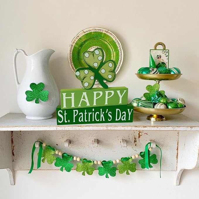 Happy St. Patrick's Day Wood Block Table Sign, Wooden Shamrock Table Top Decorations Tiered Trays Desk Shelf Irish Home Office Coffee Bar Decor 3 Pieces Green