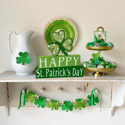 Happy St. Patrick's Day Wood Block Table Sign, Wooden Shamrock Table Top Decorations Tiered Trays Desk Shelf Irish Home Office Coffee Bar Decor 3 Pieces Green