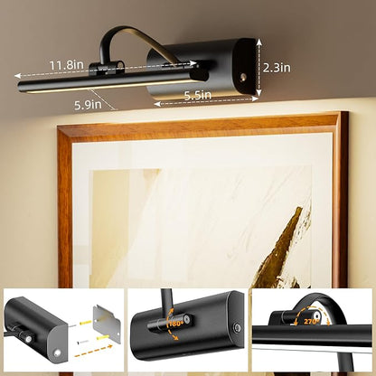 11.8" Picture Lights for Wall Battery Operated, Wireless Picture Light Rechargeable with Remote Timer, 3000K/4000K/6000K Dimmable Art Lights for Paintings Picture Frames Gallery Dartboard, Black
