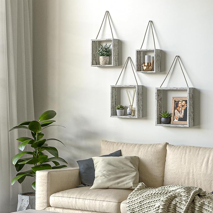 J JACKCUBE DESIGN Floating Hanging Square Shelves Wall Mounted Rustic Wood Cube Display Shelf Shadow Boxes Decorative Boho Home Décor for Living Room, Bedroom, Office, Set of 4 (White) - MK571C