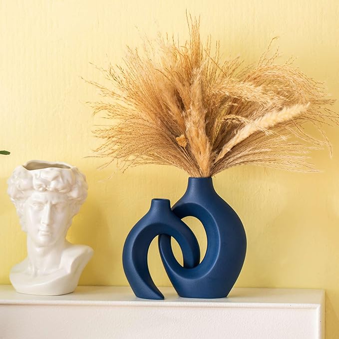 Snuggle Hollow Ceramic Vase Set of 2, Nordic Modern Boho ins Style Ceramic Aesthetic Flower Vases for Home Decor Living Room Coffee Table Decorative (Matte Navy Blue W 6.3