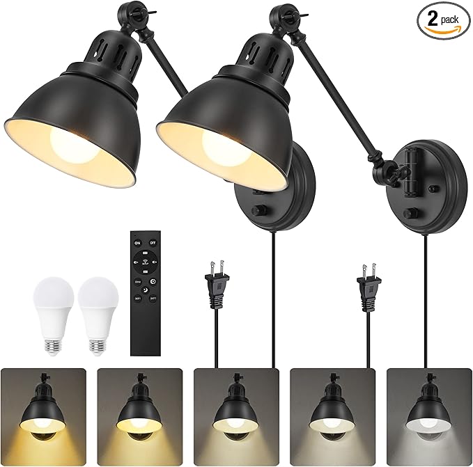 Plug in Wall Sconces Set of Two with Remote, Stepless Dimming & Stepless Colors 2700K-6500K, Swing Arm Wall Lamp, Plug in Wall Light with Night Light & Timer, Hardwired or Plug-in, LED Bulbs Included