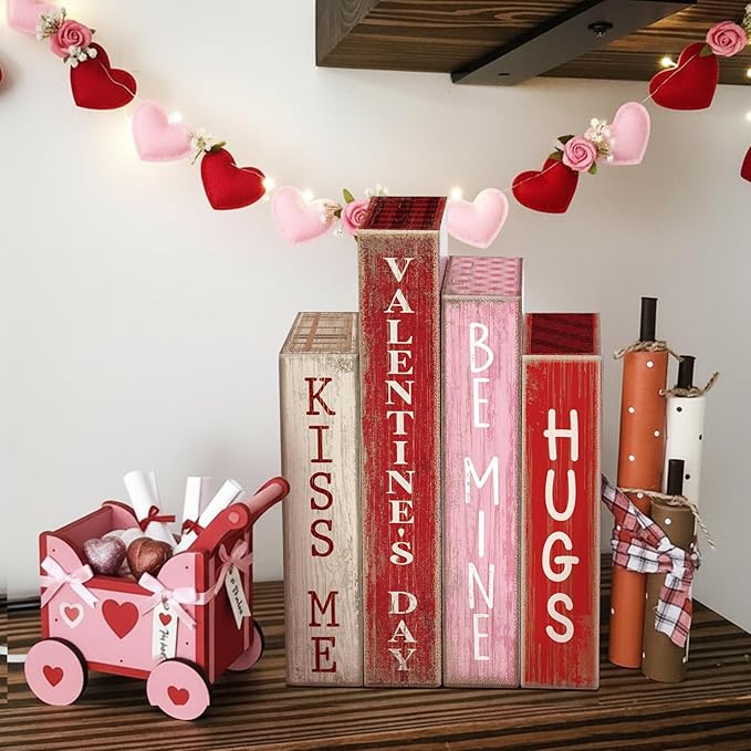 4 Pcs Valentines Day Decoration Wooden Book Valentine's Day Table Decoration Pink Red and White Valentines Tiered Tray Decor Wood Book Sign Farmhouse for Wedding Home Shelf Coffee Table